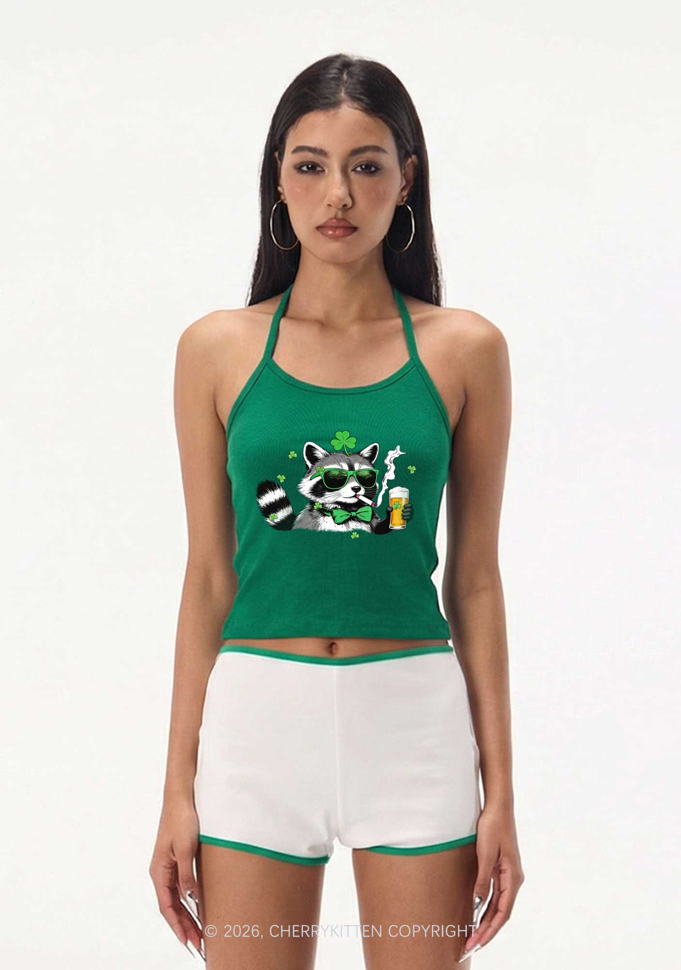 Shamrock Smoke Raccoon St Patricks Y2K Halter Neck Cami Cherrykitten