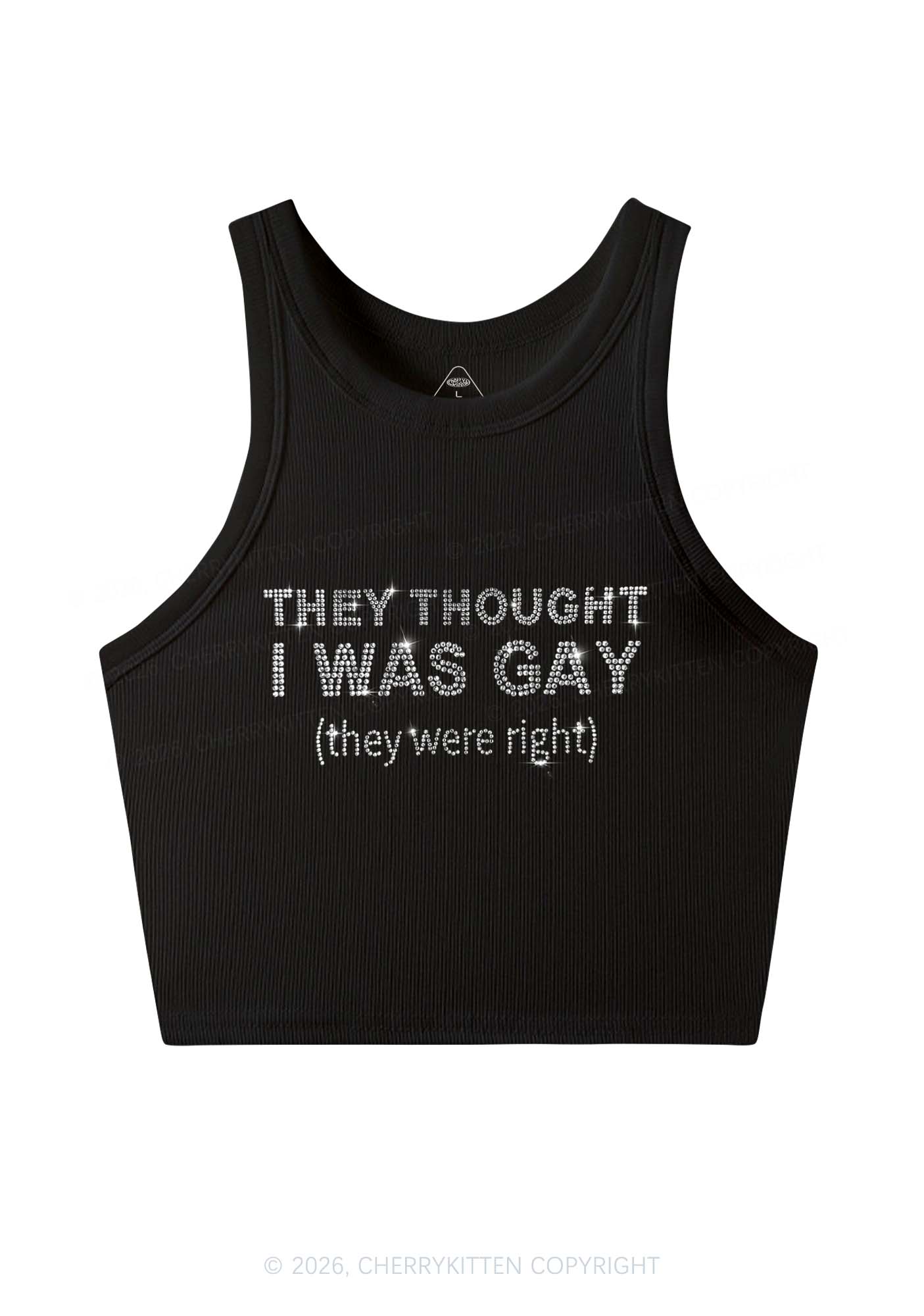 Rhinestone They Thought I Was Gay Pride Y2K Crop Tank Top Cherrykitten