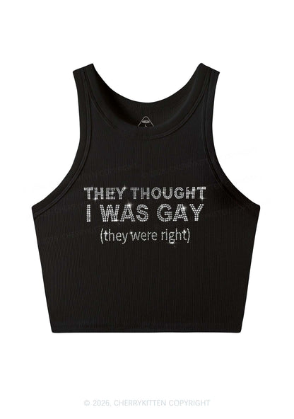 Rhinestone They Thought I Was Gay Pride Y2K Crop Tank Top Cherrykitten