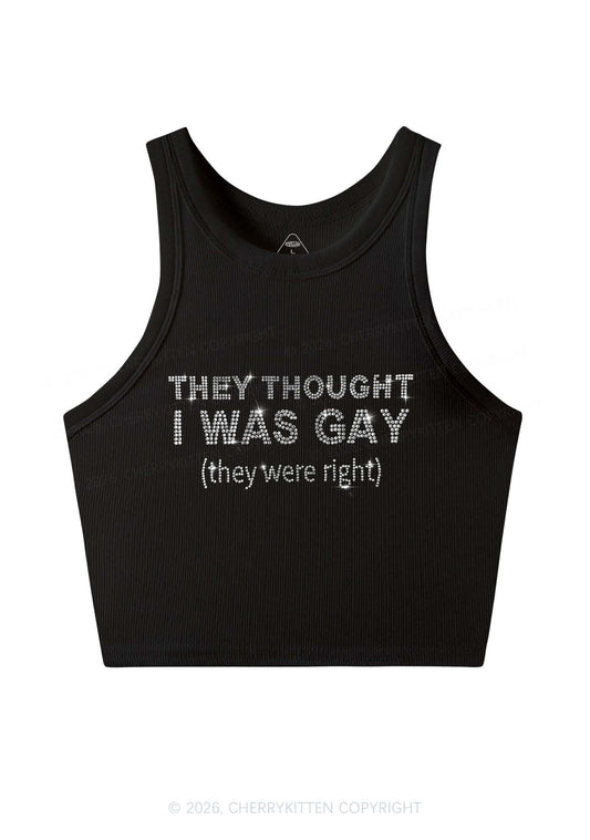 Rhinestone They Thought I Was Gay Pride Y2K Crop Tank Top Cherrykitten