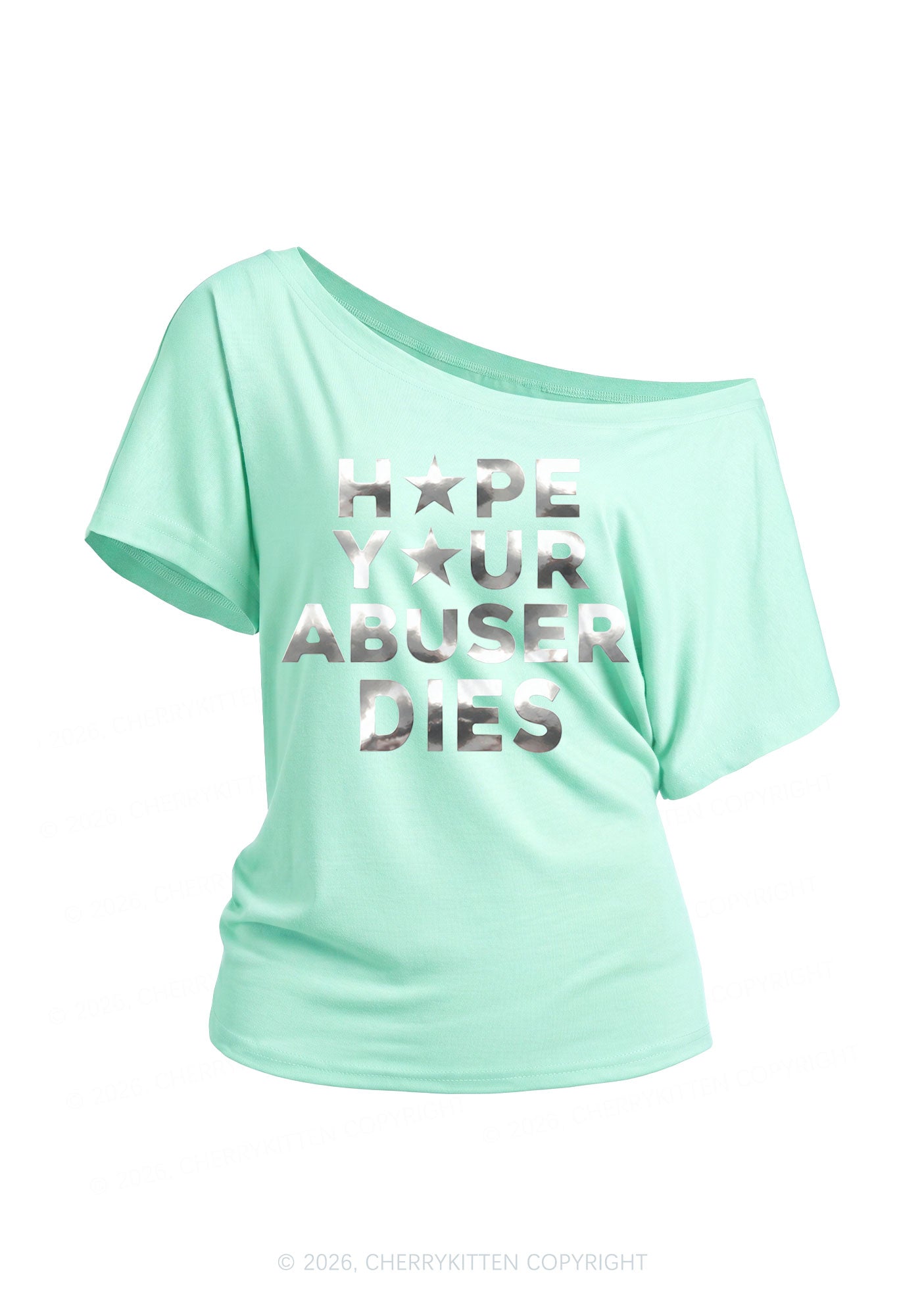 Abuser Dies Silver Foil Printed Y2K Off Shoulder Tee Cherrykitten