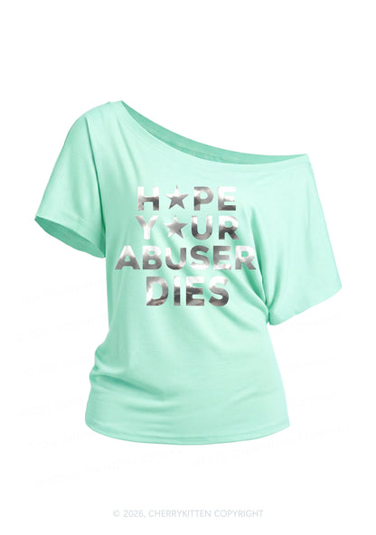 Abuser Dies Silver Foil Printed Y2K Off Shoulder Tee Cherrykitten