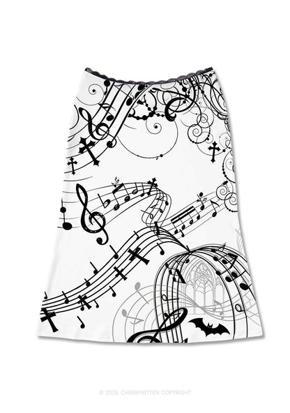 Halloween Gothic Music Note Cross Bat Y2K Print Midi Skirt Cherrykitten
