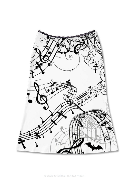 Halloween Gothic Music Note Cross Bat Y2K Print Midi Skirt Cherrykitten