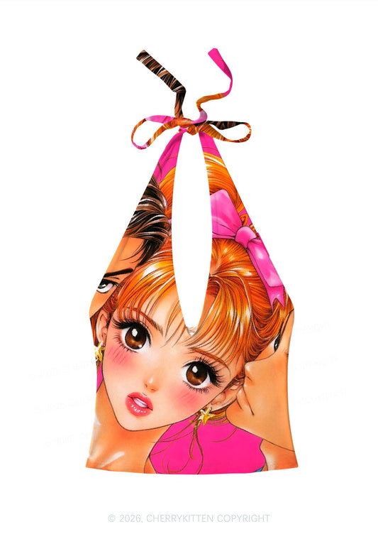Love Triangle Y2K Print Halter Deep V Neck Cami Cherrykitten
