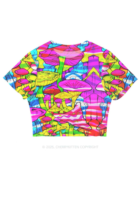 Trippy Colorful Mushrooms Y2K Mesh Crop Top Cherrykitten