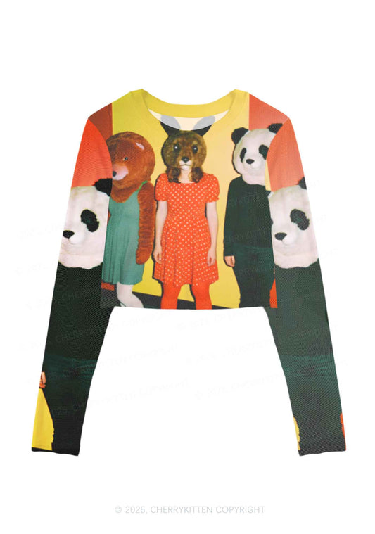 Rabbit Mask Girl Y2K Mesh Long Sleeve Crop Top Cherrykitten