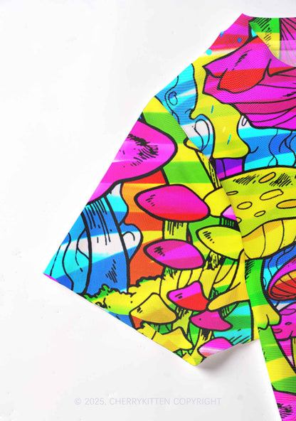 Trippy Colorful Mushrooms Y2K Mesh Crop Top Cherrykitten