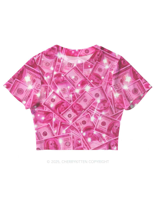 Pink Shiny Money Y2K Mesh Crop Top Cherrykitten