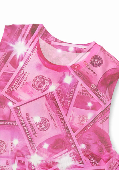 Pink Shiny Money Y2K Mesh Muscle Tank Cherrykitten