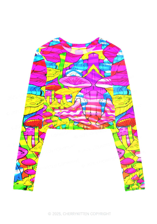 Trippy Colorful Mushrooms Y2K Mesh Long Sleeve Crop Top Cherrykitten