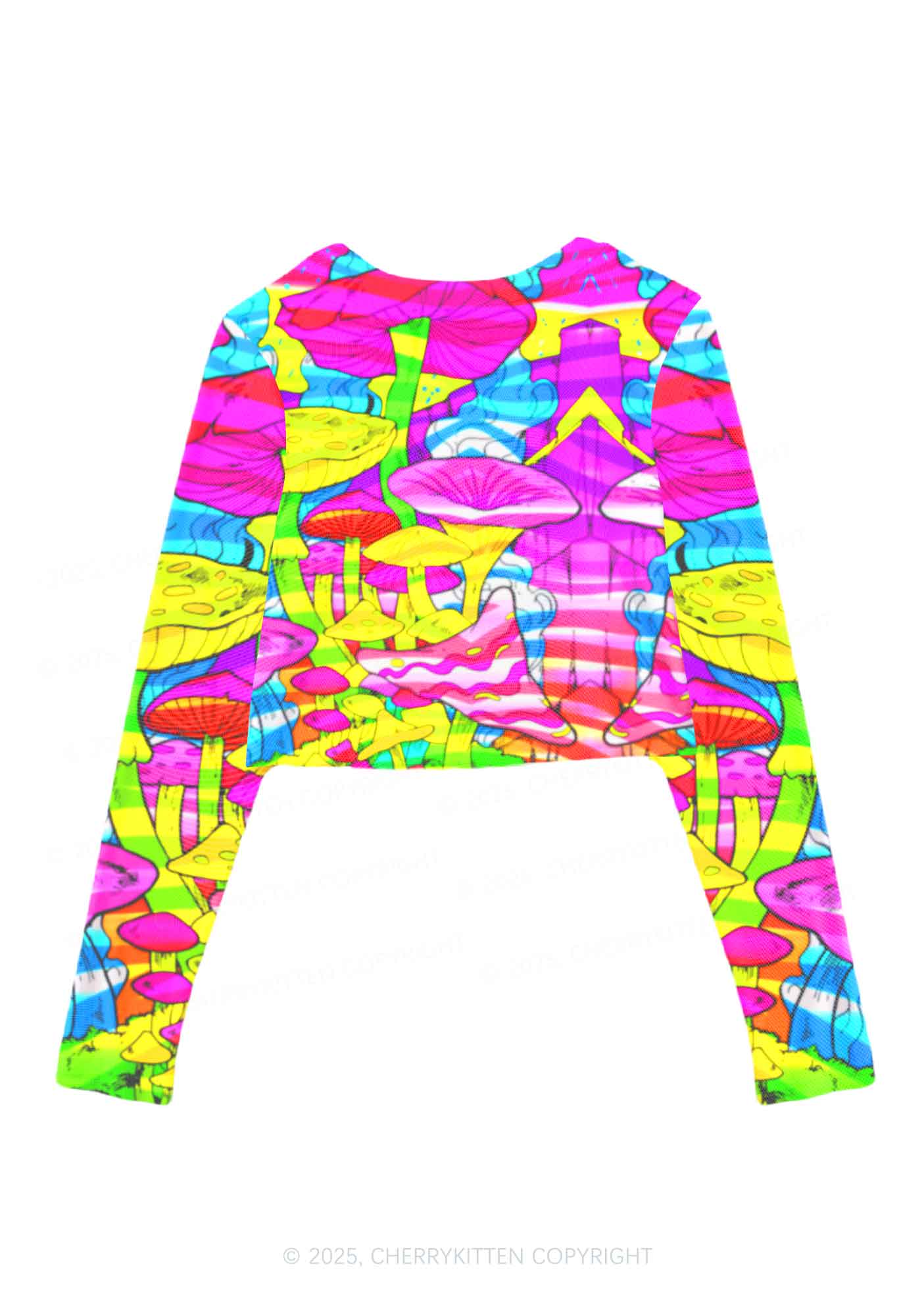 Trippy Colorful Mushrooms Y2K Mesh Long Sleeve Crop Top Cherrykitten