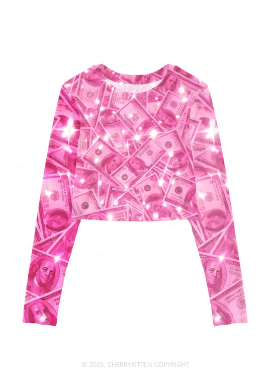 Pink Shiny Money Y2K Mesh Long Sleeve Crop Top Cherrykitten
