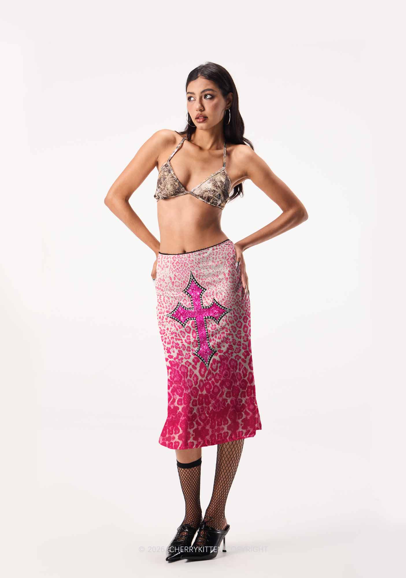 Halloween Pink Leopard Cross Y2K Print Midi Skirt Cherrykitten