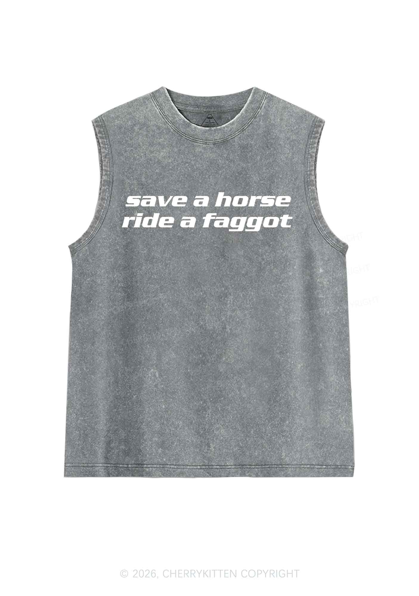 Save Horse Ride Faggot Pride Y2K Washed Muscle Tank Cherrykitten