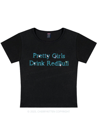 Rhinestone Pretty Girls Drink Redbull Y2K Baby Tee Cherrykitten