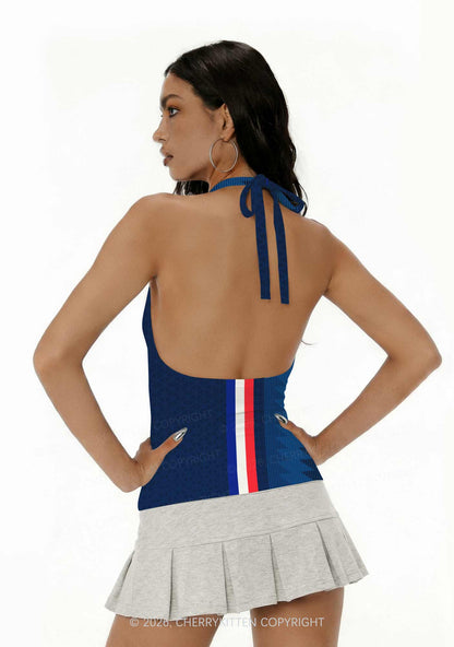 Red White Blue Stripe Y2K Print Halter Deep V Neck Cami Cherrykitten