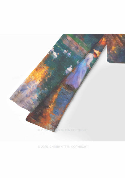Sunset Pond Swans Pride Y2K Mesh Long Sleeve Crop Top Cherrykitten