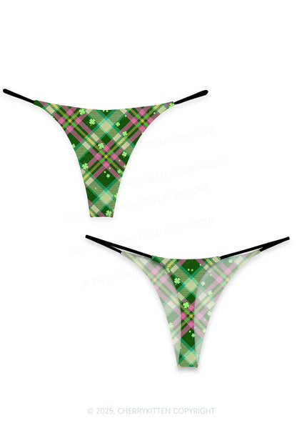Four Leaf Clover Plaid St Patricks Y2K Print Bikini String Thong Cherrykitten