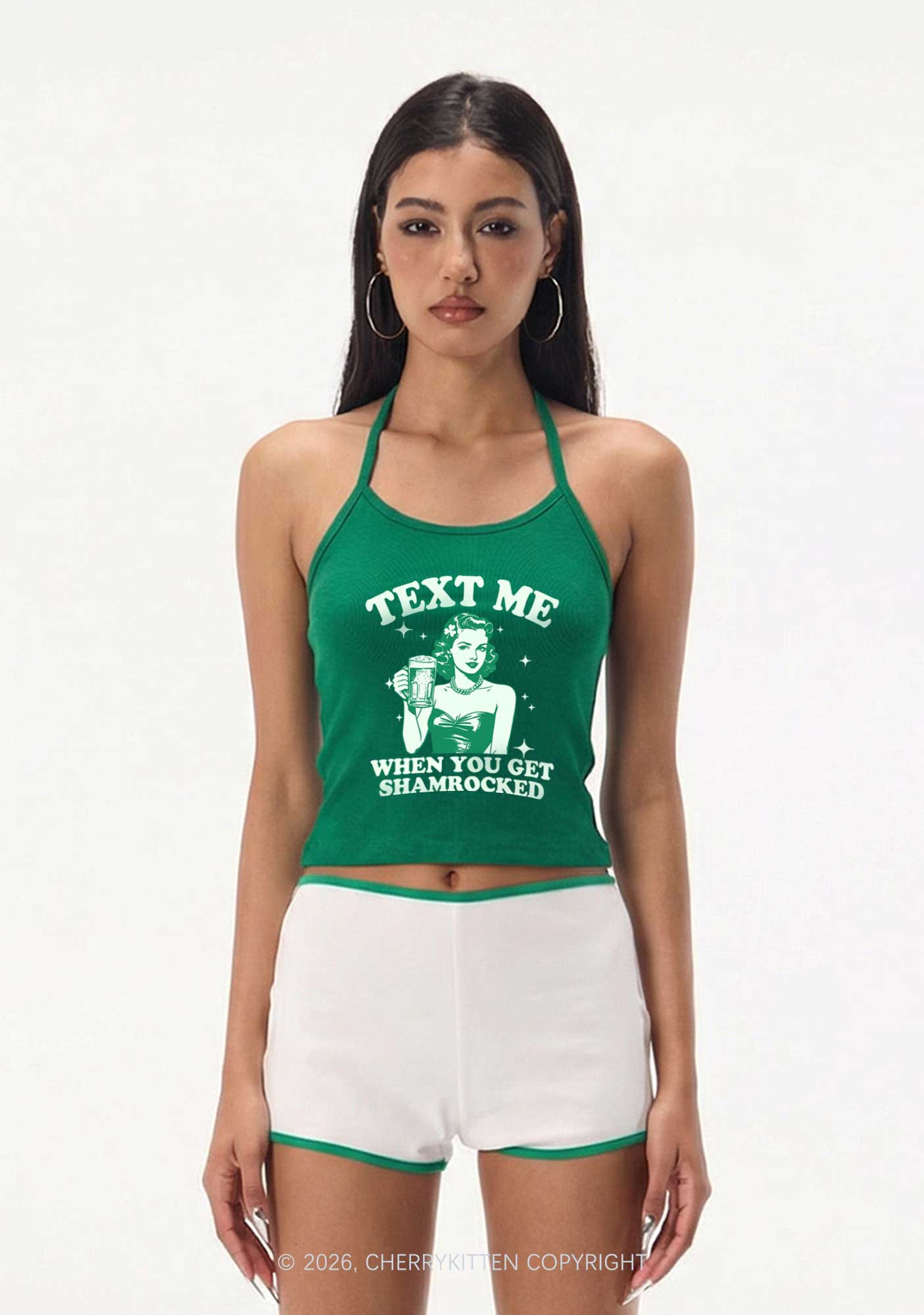 Text Me When You Get Shamrocked St Patricks Y2K Halter Neck Cami Cherrykitten
