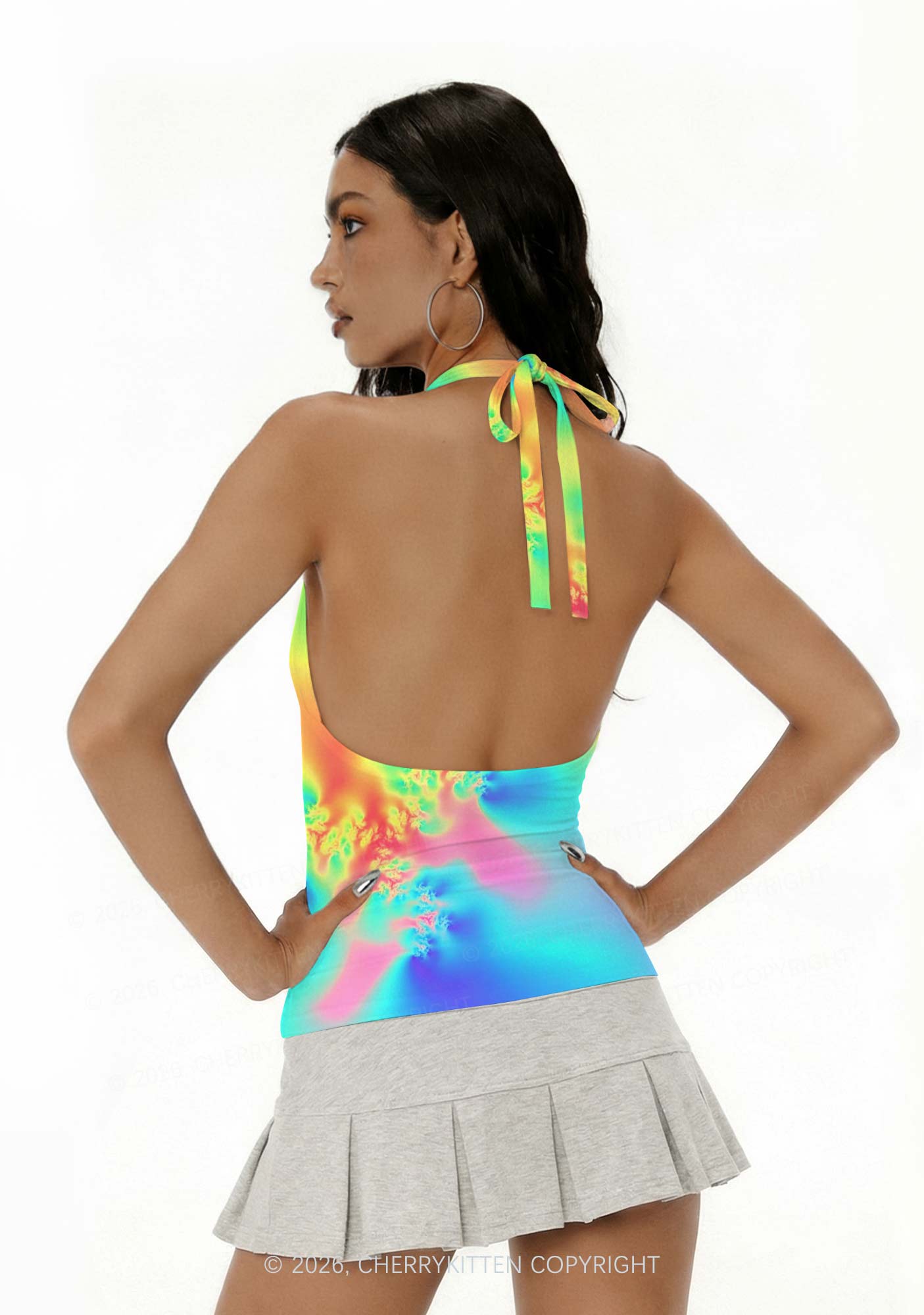 Rainbow Thermal Pride Y2K Print Halter Deep V Neck Cami Cherrykitten