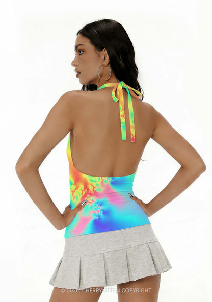 Rainbow Thermal Pride Y2K Print Halter Deep V Neck Cami Cherrykitten