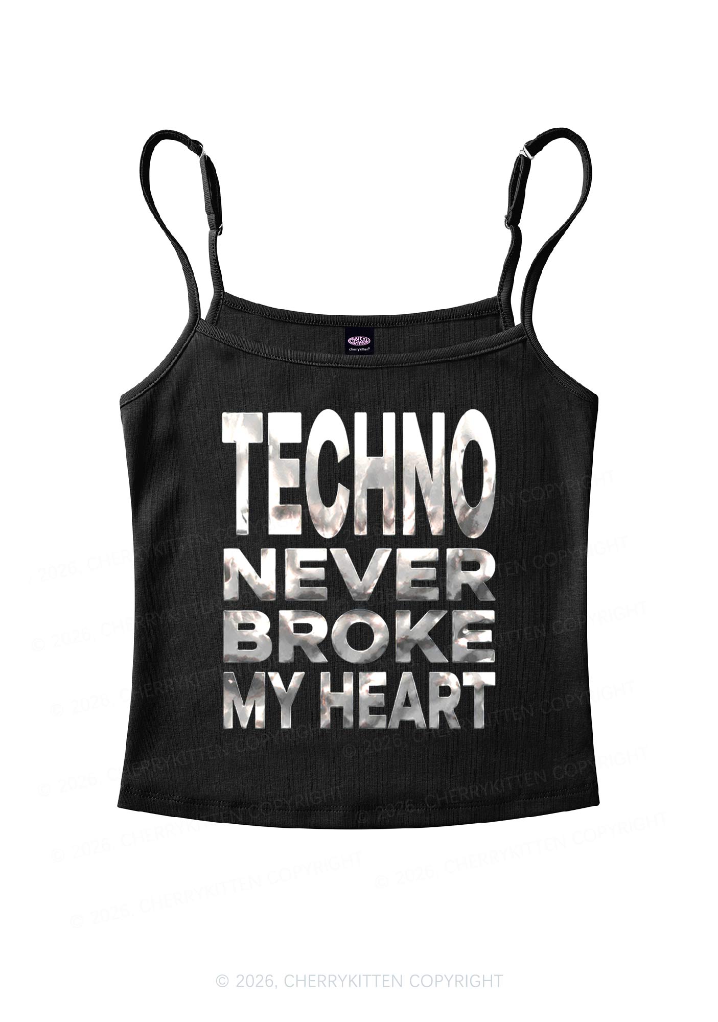 Techno Broke Heart Silver Foil Printed Y2K Spaghetti Strap Cami Cherrykitten
