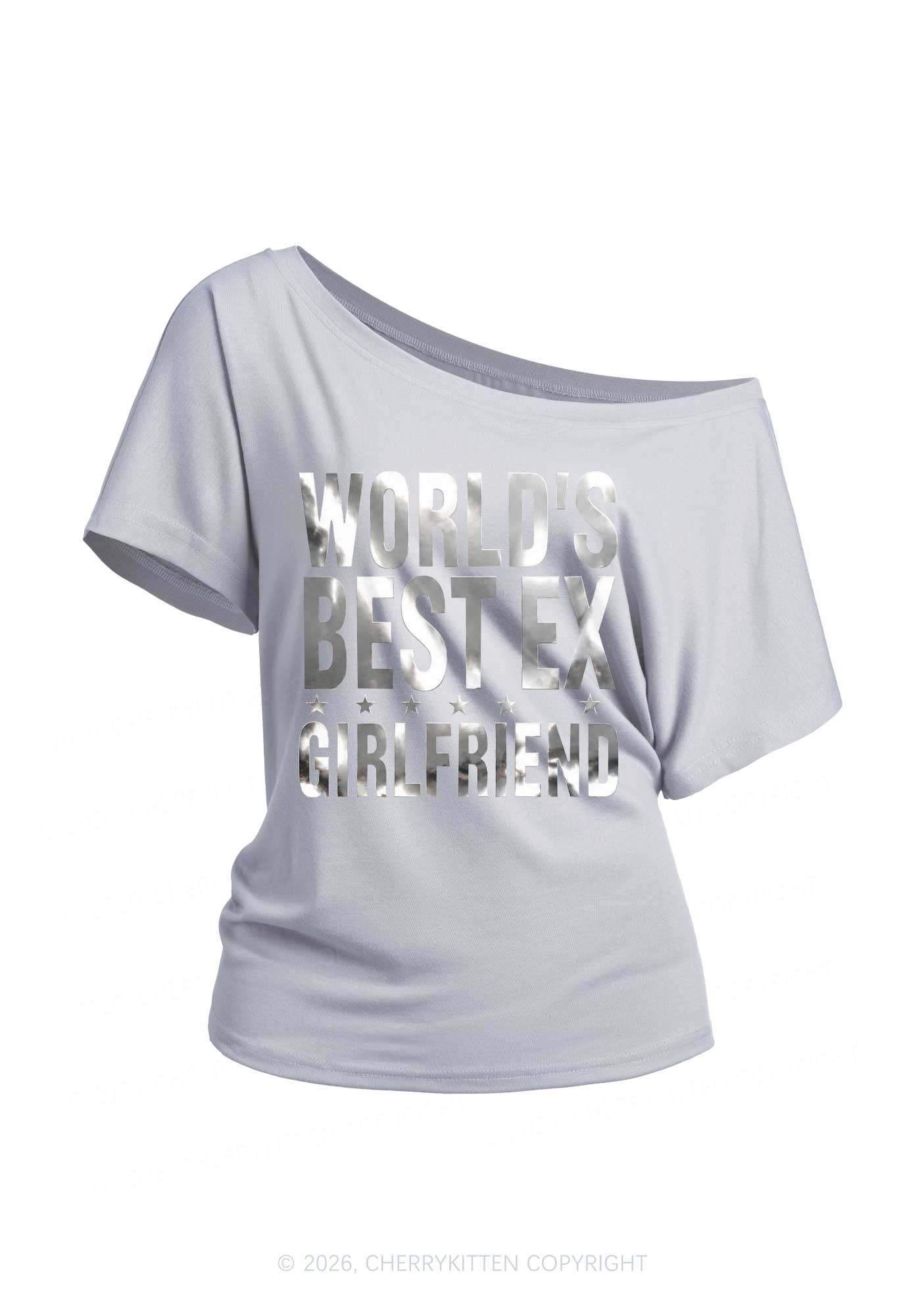 Best Ex Girlfriend Silver Foil Printed Y2K Off Shoulder Tee Cherrykitten