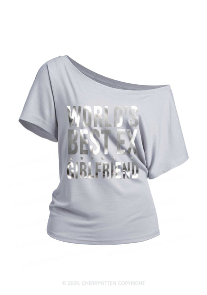 Best Ex Girlfriend Silver Foil Printed Y2K Off Shoulder Tee Cherrykitten