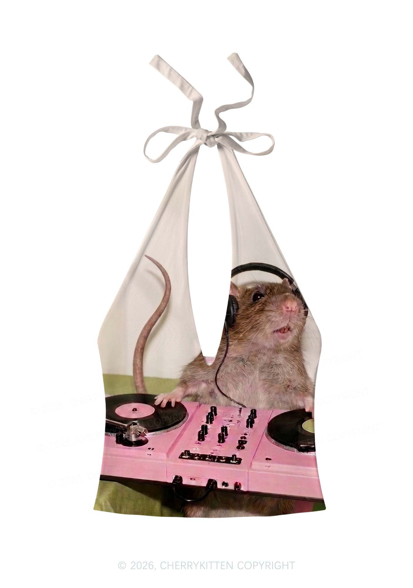 Dj Rat Pink Turntable Y2K Print Halter Deep V Neck Cami Cherrykitten