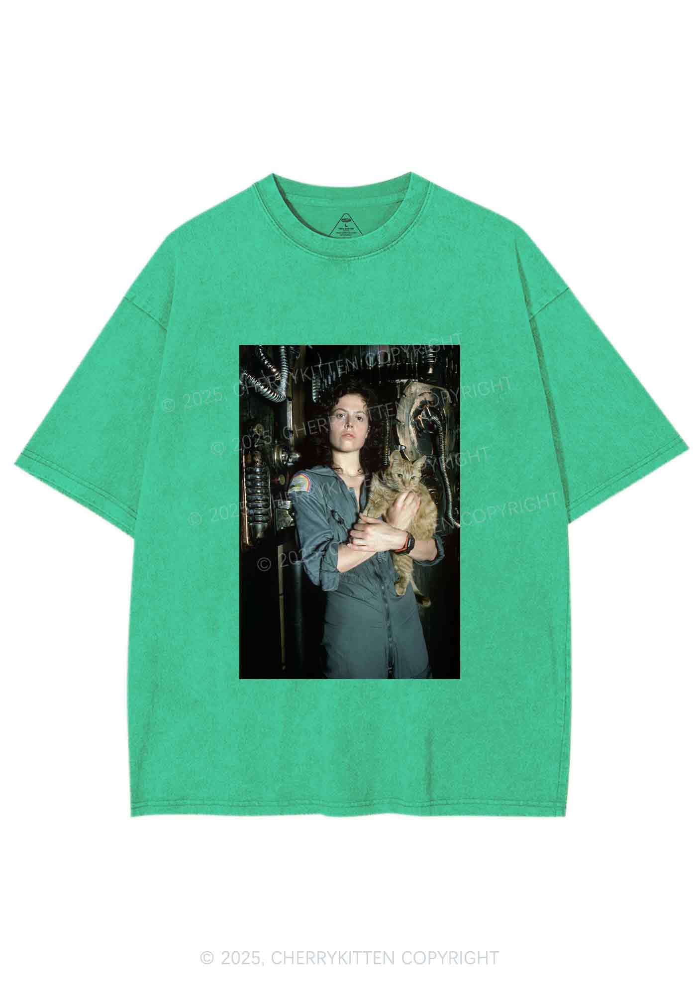 Halloween Space Lady Cat Y2K Shirts Washed Tee Cherrykitten