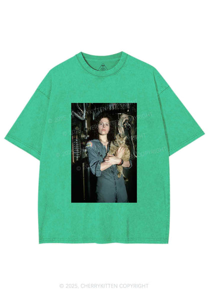 Halloween Space Lady Cat Y2K Shirts Washed Tee Cherrykitten