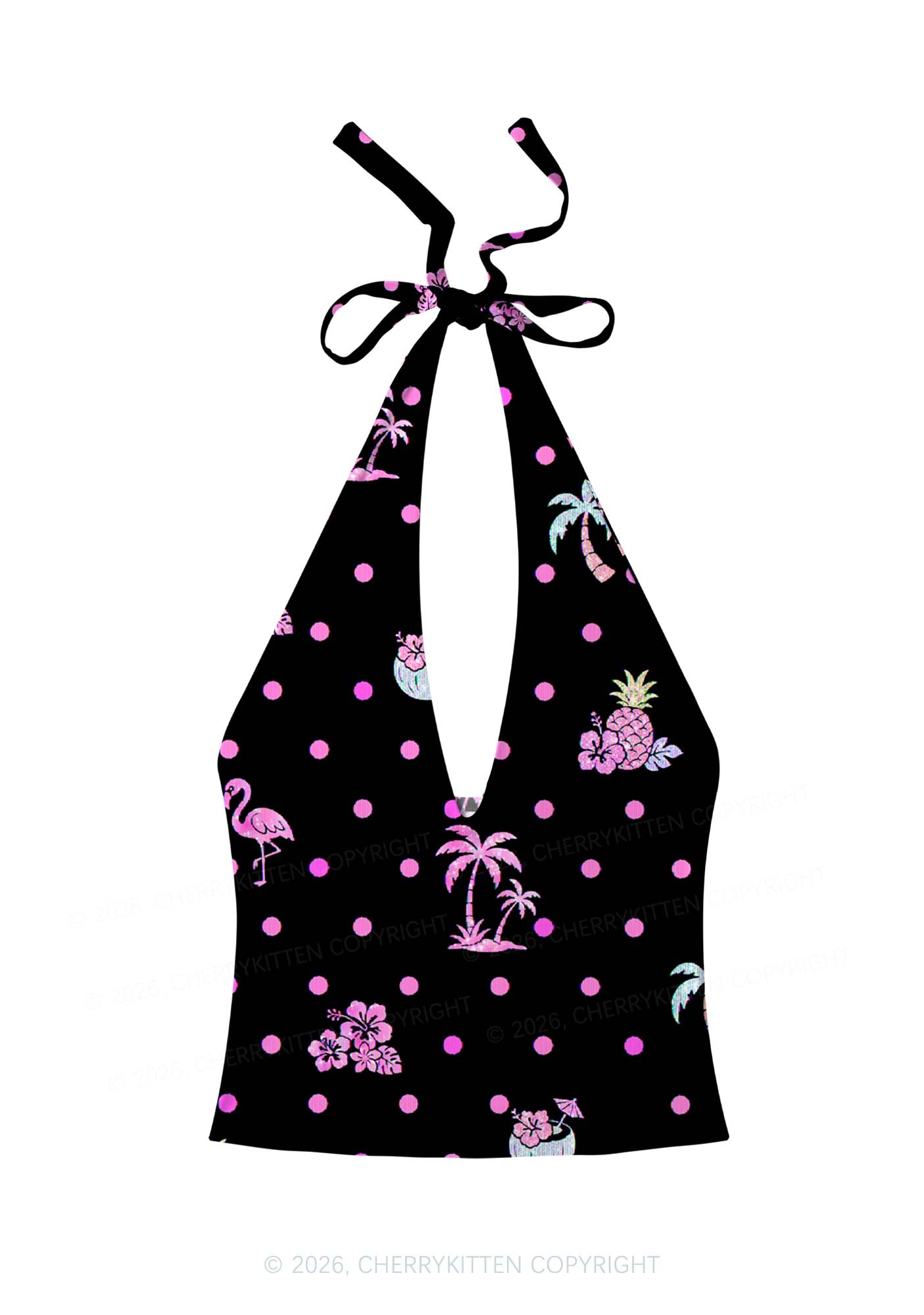 Pink Dots Palm Tree Y2K Print Halter Deep V Neck Cami Cherrykitten
