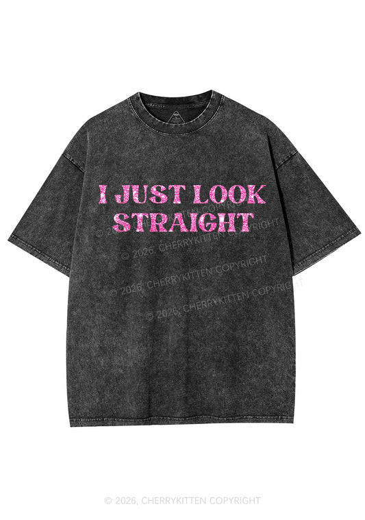 Glitter I Just Look Straight Y2K Shirts Washed Tee Cherrykitten