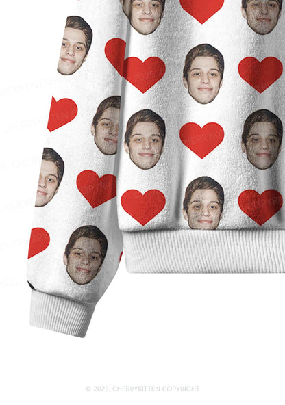 Custom White Hearts Photo Y2K Valentine's Day Y2K Fleece Long Sleeve Pajama Set Cherrykitten