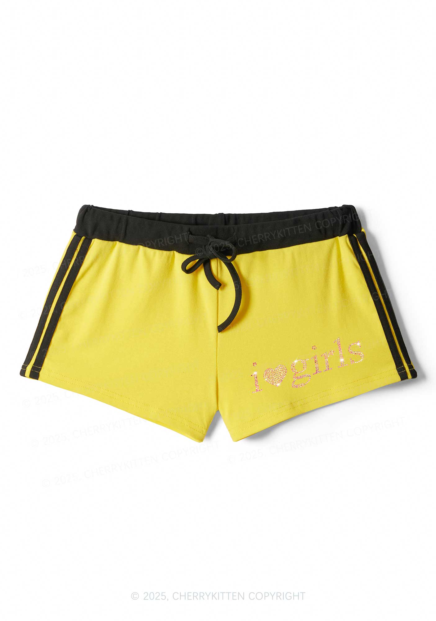 Rhinestone Pink I Love Girls Y2K Drawstring Mini Shorts Cherrykitten