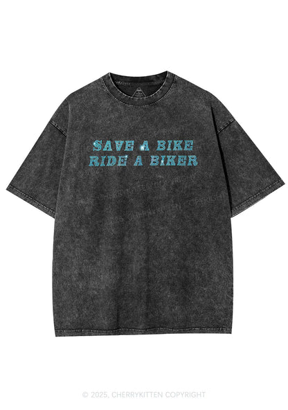 Rhinestone Save Bike Ride Biker Y2K Shirts Washed Tee Cherrykitten