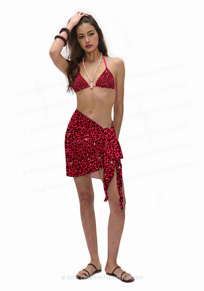 Bright Red Leopard Y2K Print Bikini Set Cherrykitten