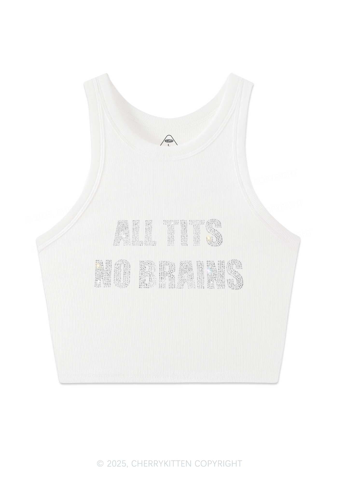 Rhinestone All Txts No Brains Y2K Crop Tank Top Cherrykitten