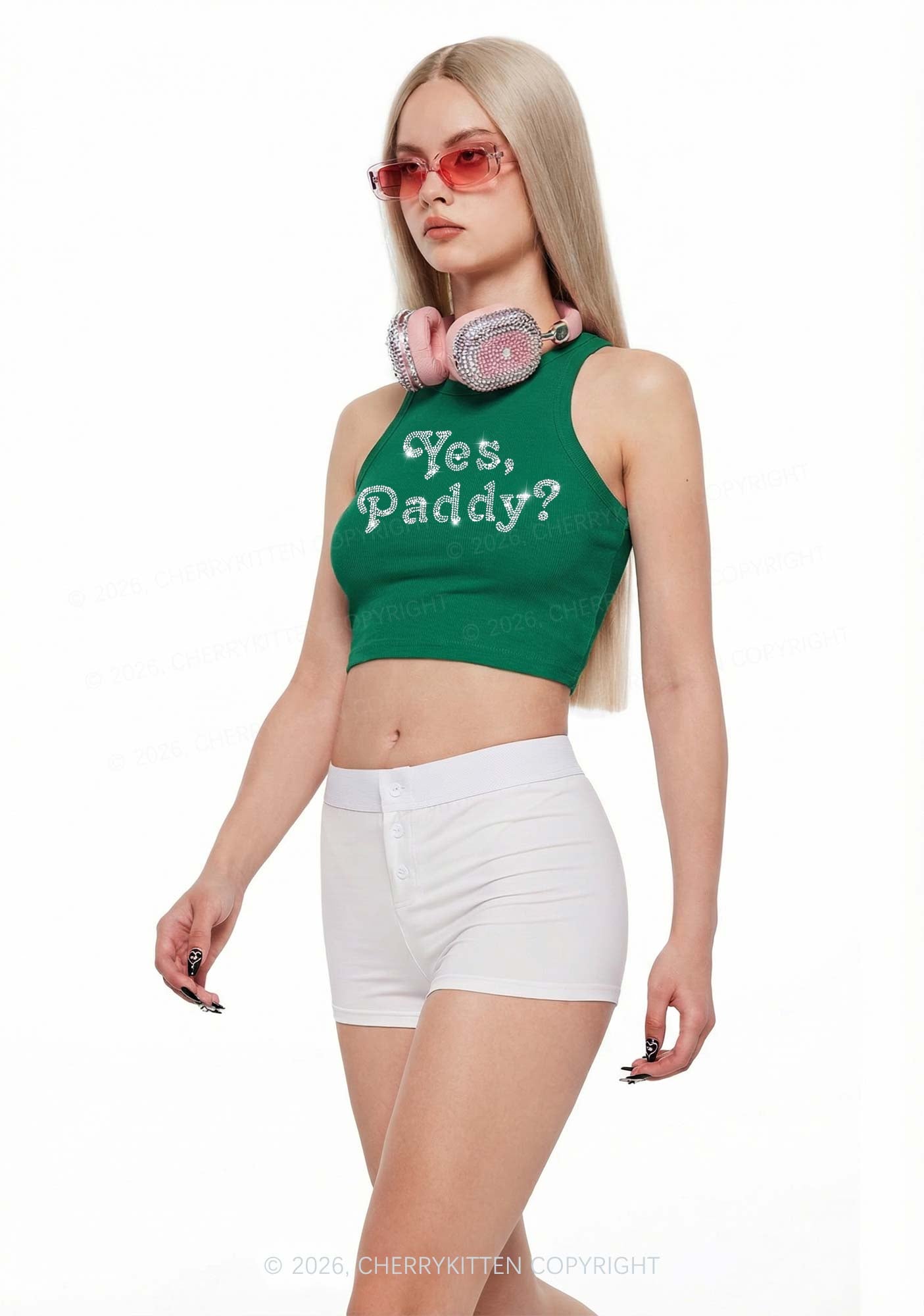 Rhinestone Yes Paddy St Patricks Y2K Crop Tank Top Cherrykitten