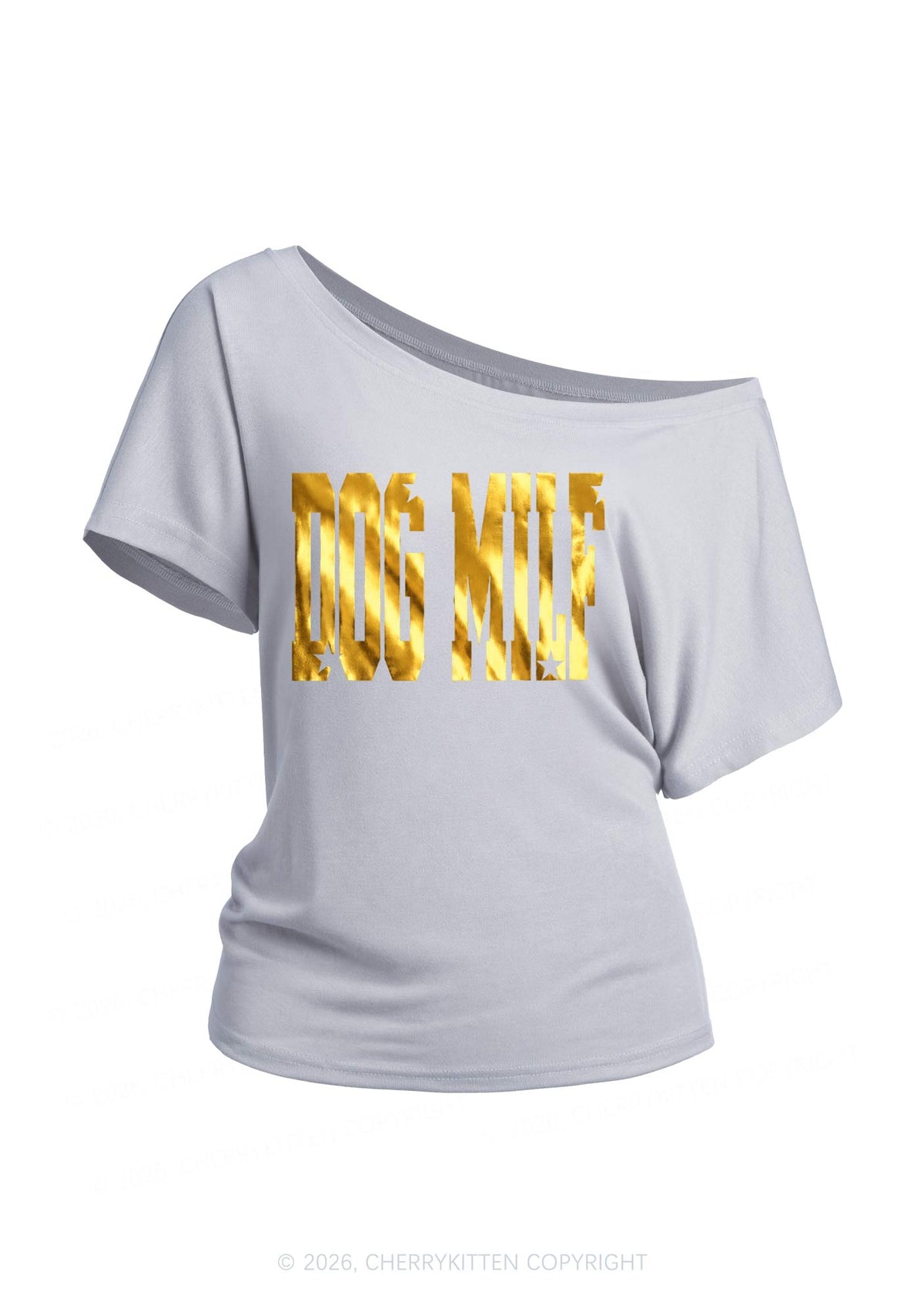 Dog Mxxf Silver Foil Printed Y2K Off Shoulder Tee Cherrykitten