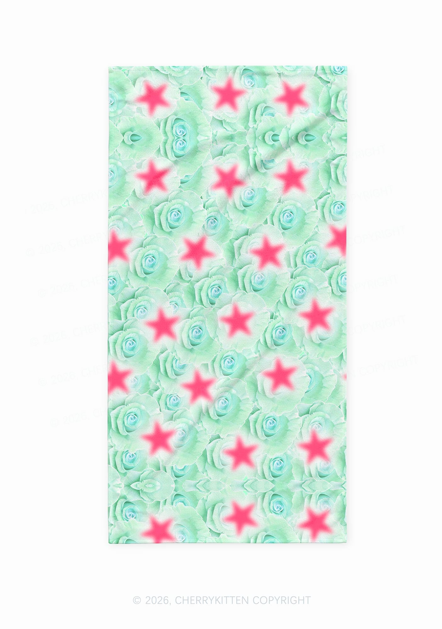 Mint Green Rose Pink Star Y2K Beach Towel Cherrykitten