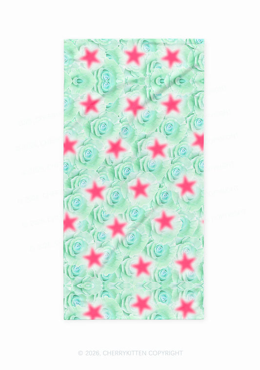 Mint Green Rose Pink Star Y2K Beach Towel Cherrykitten