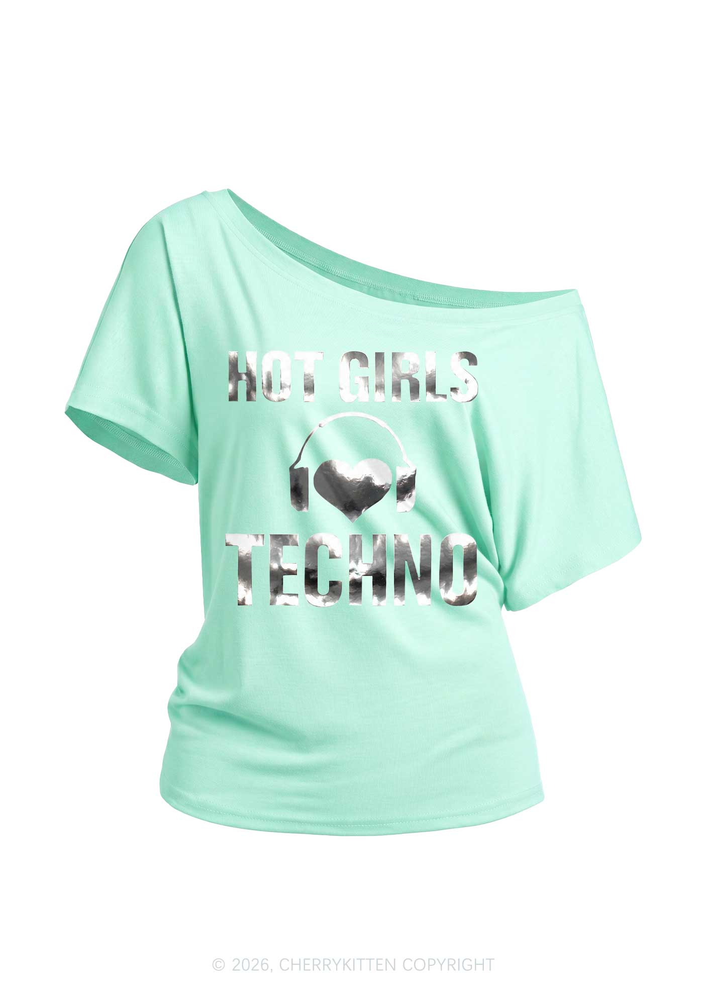 Hot Girls Love Techno Silver Foil Printed Y2K Off Shoulder Tee Cherrykitten