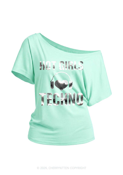 Hot Girls Love Techno Silver Foil Printed Y2K Off Shoulder Tee Cherrykitten