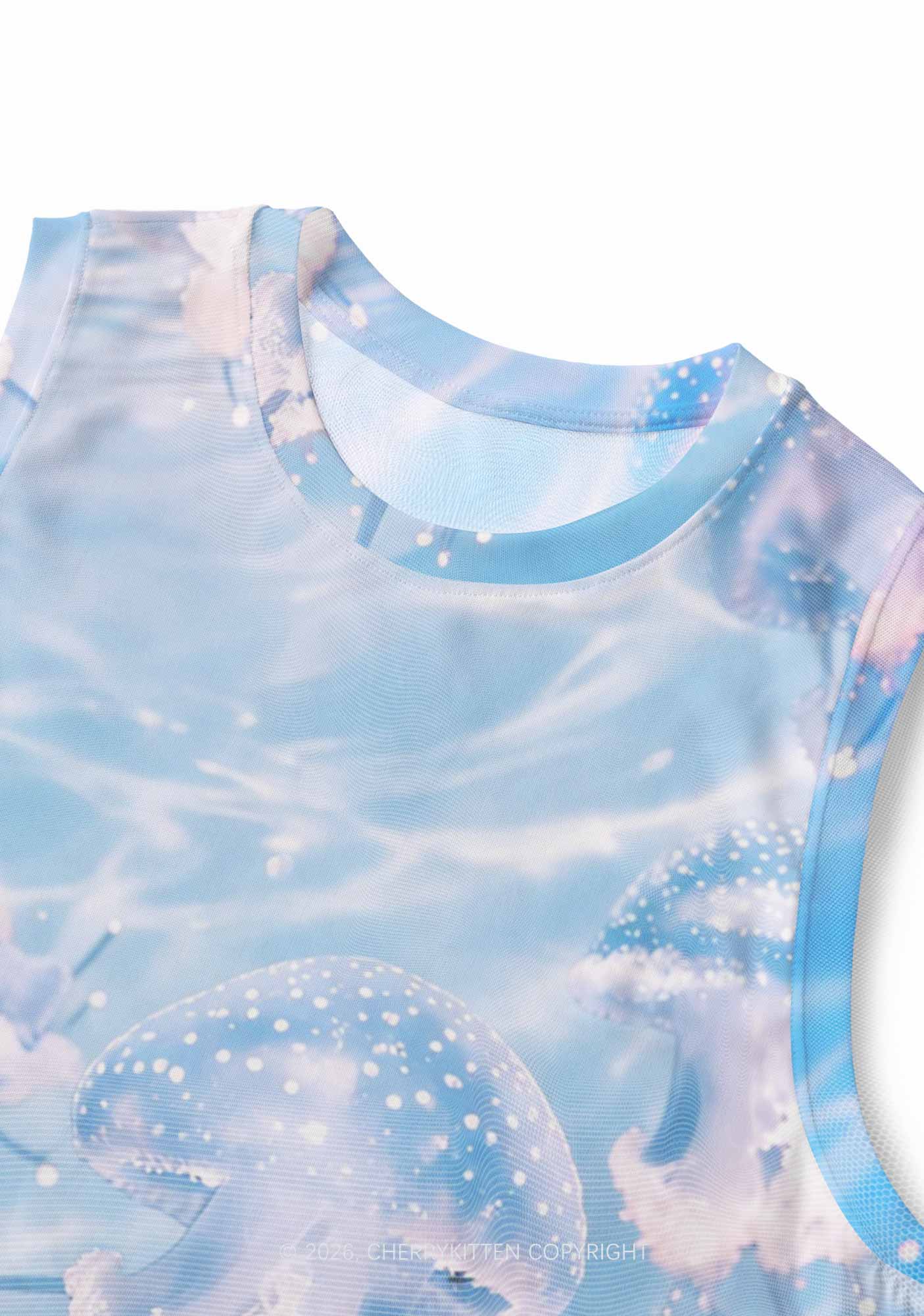 Blue Ocean Jellyfish Y2K Mesh Muscle Tank Cherrykitten