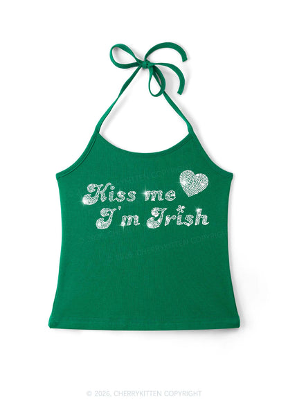 Rhinestone Kiss Me St Patricks Y2K Halter Neck Cami Cherrykitten