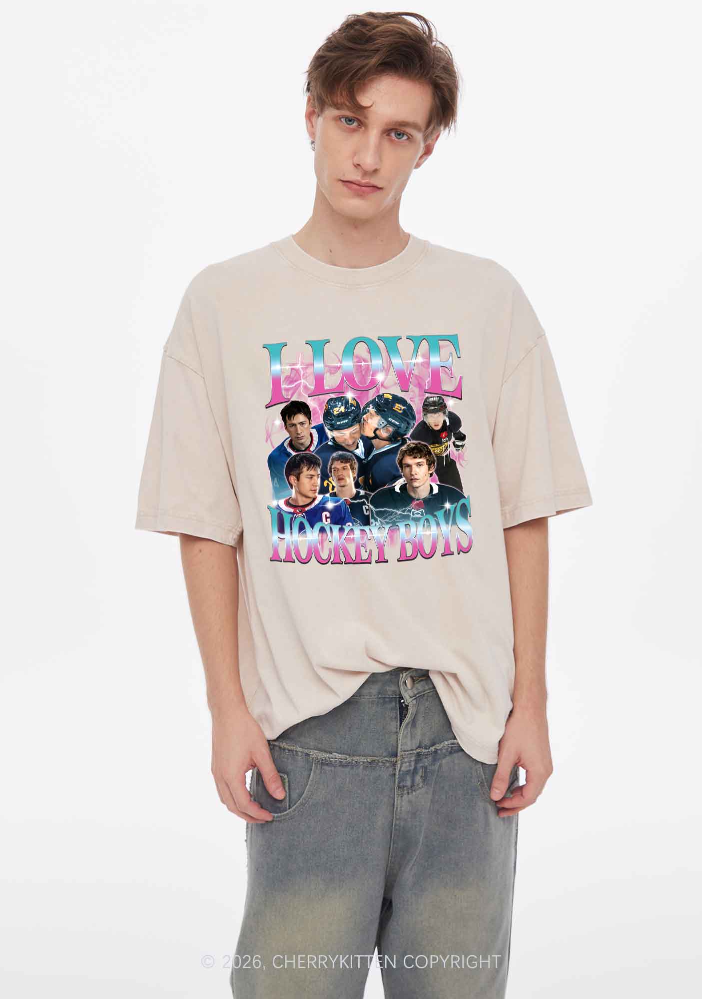 Pink Blue Gradient I Love Hockey Boys HR Y2K Shirts Washed Tee Cherrykitten