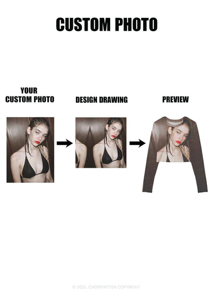 Custom Personalized Photo Y2K Mesh Long Sleeve Crop Top Cherrykitten