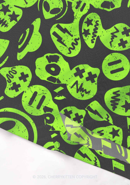 Green Alien Doodle Y2K Mesh Crop Top Cherrykitten